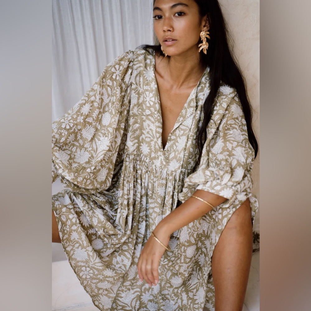 Daughters of India Olive Green and White Floral V-Neck Dress